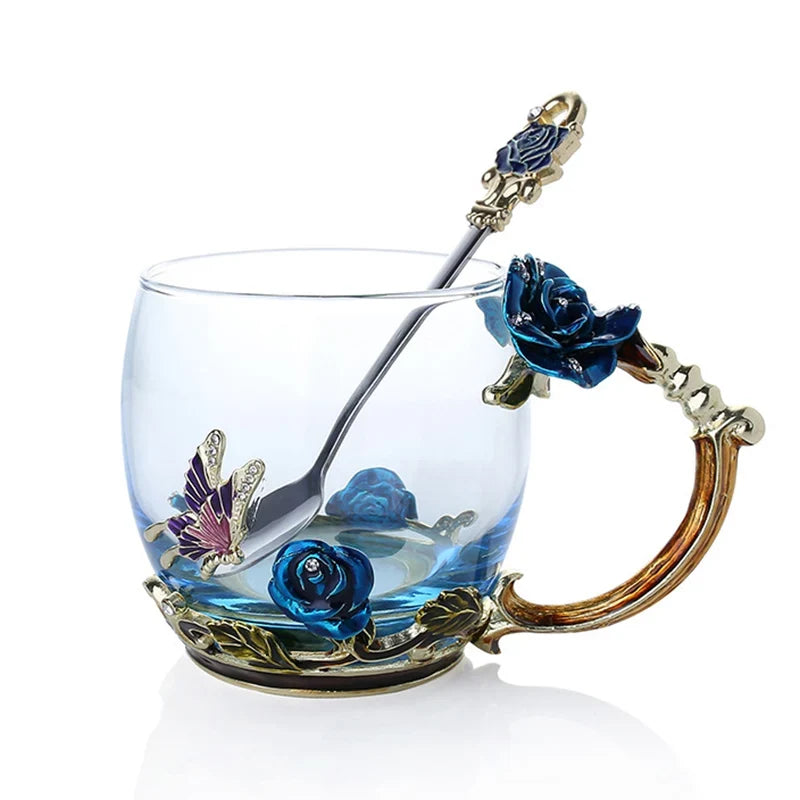 Siopsrl| Handcrafted Enamel Coffee Mugs Rose-Glass Tea Cup with Steel Spoon Luxury Unique Gifts for Wedding Valentine's Day Birthday Gifts
