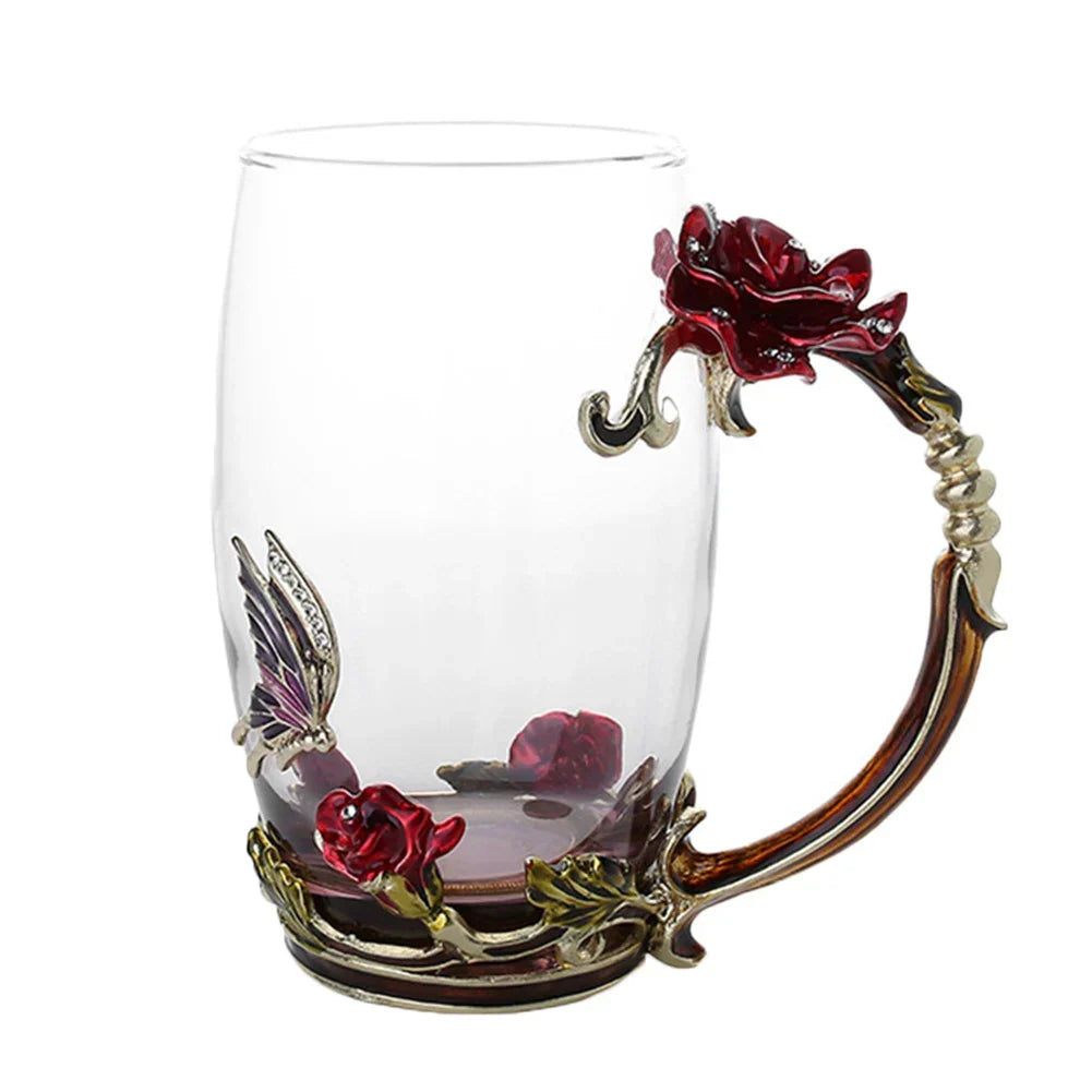Siopsrl| Handcrafted Enamel Coffee Mugs Rose-Glass Tea Cup with Steel Spoon Luxury Unique Gifts for Wedding Valentine's Day Birthday Gifts