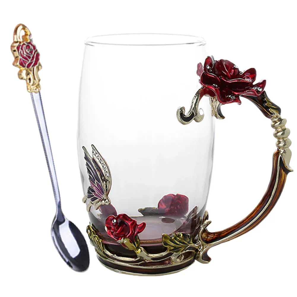 Siopsrl| Handcrafted Enamel Coffee Mugs Rose-Glass Tea Cup with Steel Spoon Luxury Unique Gifts for Wedding Valentine's Day Birthday Gifts