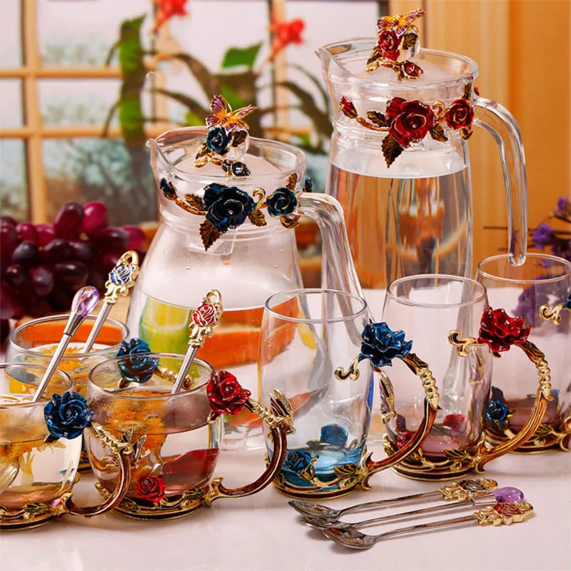 Siopsrl| Handcrafted Enamel Coffee Mugs Rose-Glass Tea Cup with Steel Spoon Luxury Unique Gifts for Wedding Valentine's Day Birthday Gifts