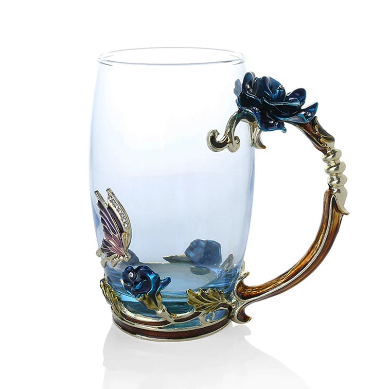Siopsrl| Handcrafted Enamel Coffee Mugs Rose-Glass Tea Cup with Steel Spoon Luxury Unique Gifts for Wedding Valentine's Day Birthday Gifts