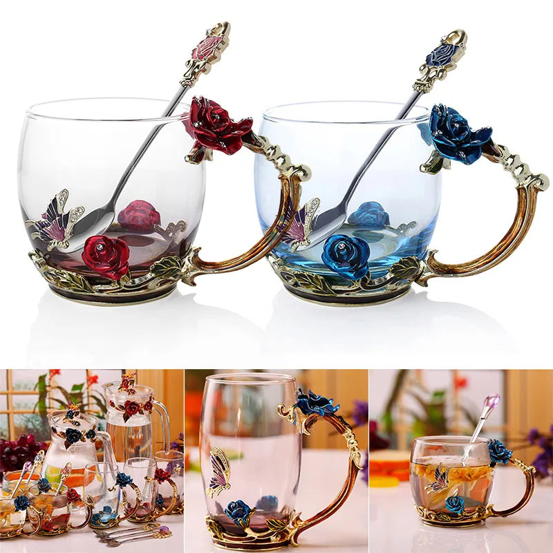 Siopsrl| Handcrafted Enamel Coffee Mugs Rose-Glass Tea Cup with Steel Spoon Luxury Unique Gifts for Wedding Valentine's Day Birthday Gifts