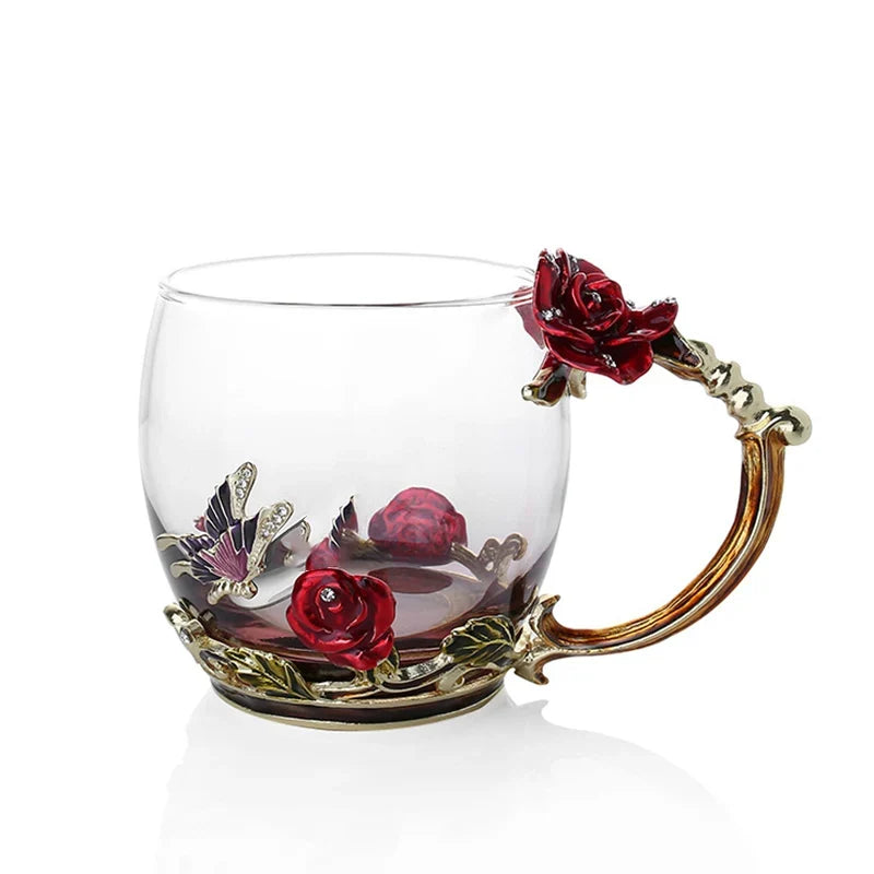 Siopsrl| Handcrafted Enamel Coffee Mugs Rose-Glass Tea Cup with Steel Spoon Luxury Unique Gifts for Wedding Valentine's Day Birthday Gifts