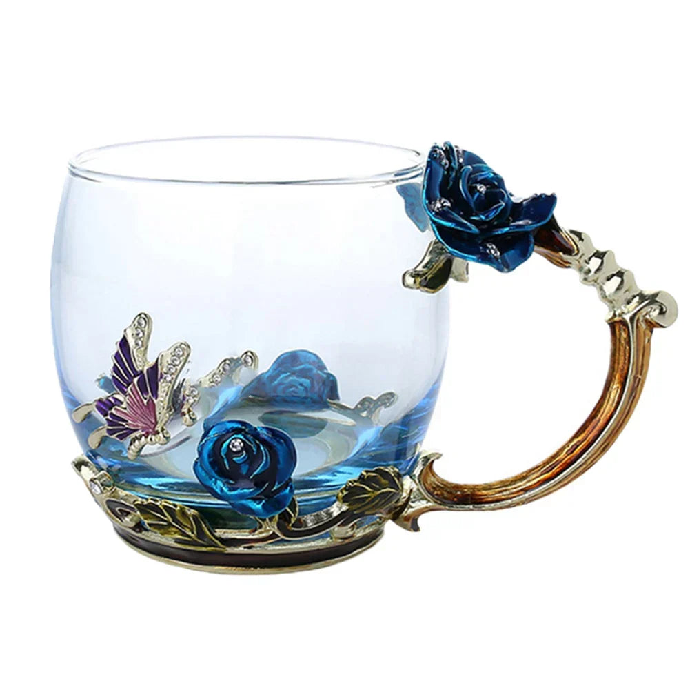 Siopsrl| Handcrafted Enamel Coffee Mugs Rose-Glass Tea Cup with Steel Spoon Luxury Unique Gifts for Wedding Valentine's Day Birthday Gifts
