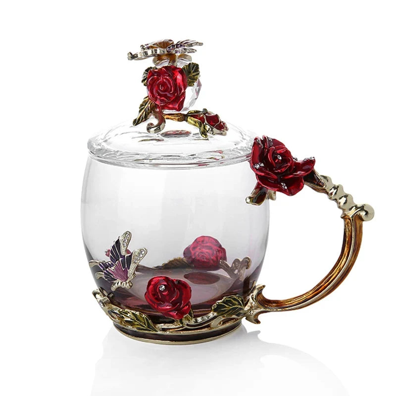 Siopsrl| Handcrafted Enamel Coffee Mugs Rose-Glass Tea Cup with Steel Spoon Luxury Unique Gifts for Wedding Valentine's Day Birthday Gifts