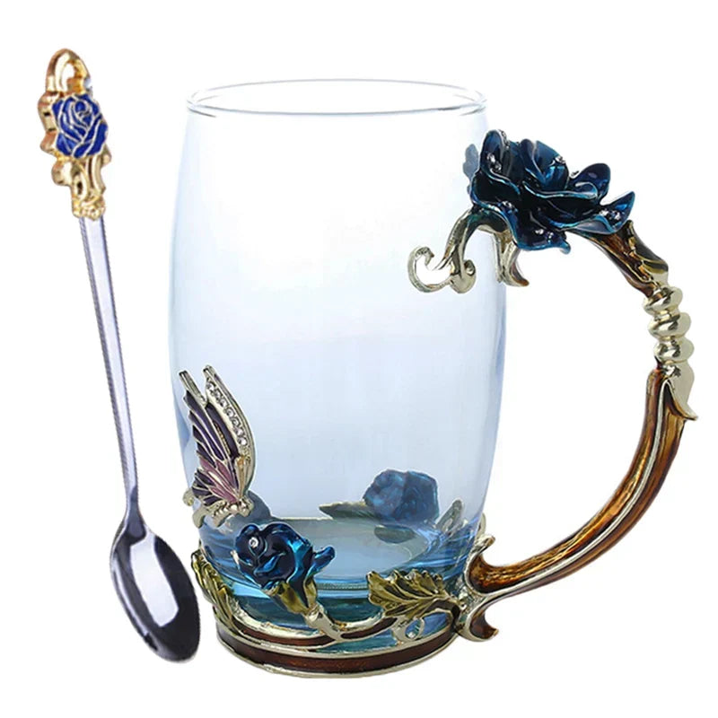 Siopsrl| Handcrafted Enamel Coffee Mugs Rose-Glass Tea Cup with Steel Spoon Luxury Unique Gifts for Wedding Valentine's Day Birthday Gifts