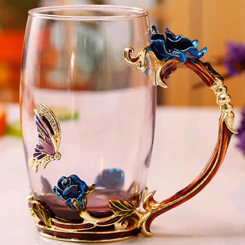 Siopsrl| Handcrafted Enamel Coffee Mugs Rose-Glass Tea Cup with Steel Spoon Luxury Unique Gifts for Wedding Valentine's Day Birthday Gifts