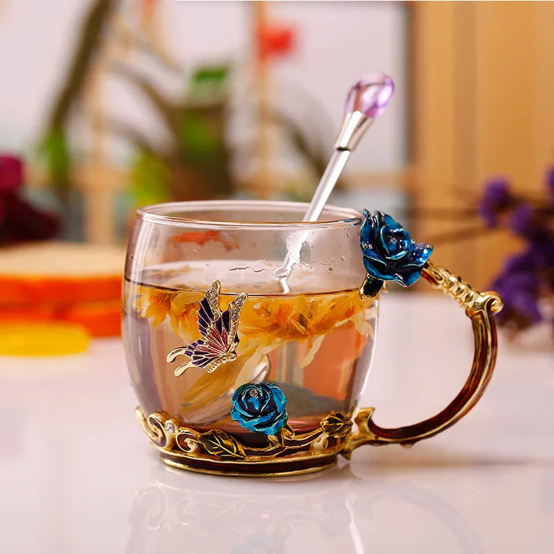 Siopsrl| Handcrafted Enamel Coffee Mugs Rose-Glass Tea Cup with Steel Spoon Luxury Unique Gifts for Wedding Valentine's Day Birthday Gifts