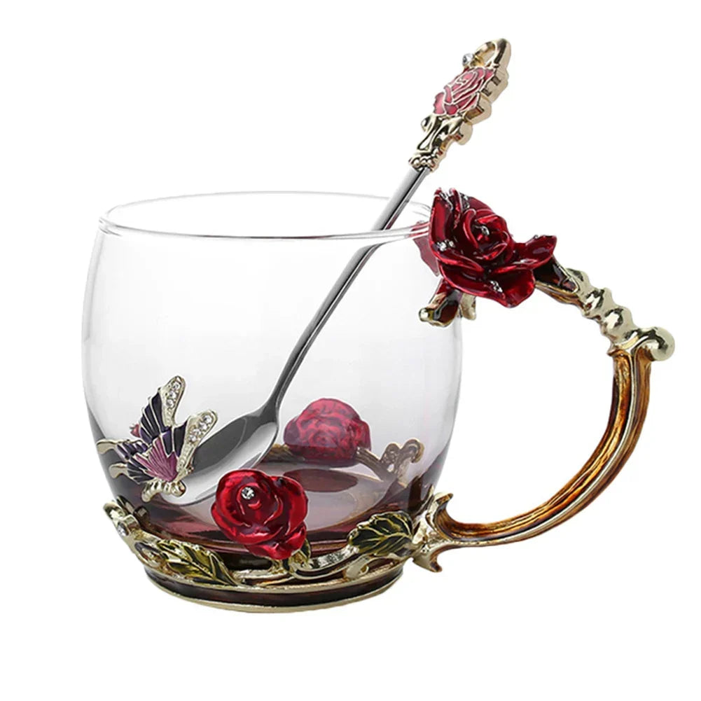 Siopsrl| Handcrafted Enamel Coffee Mugs Rose-Glass Tea Cup with Steel Spoon Luxury Unique Gifts for Wedding Valentine's Day Birthday Gifts