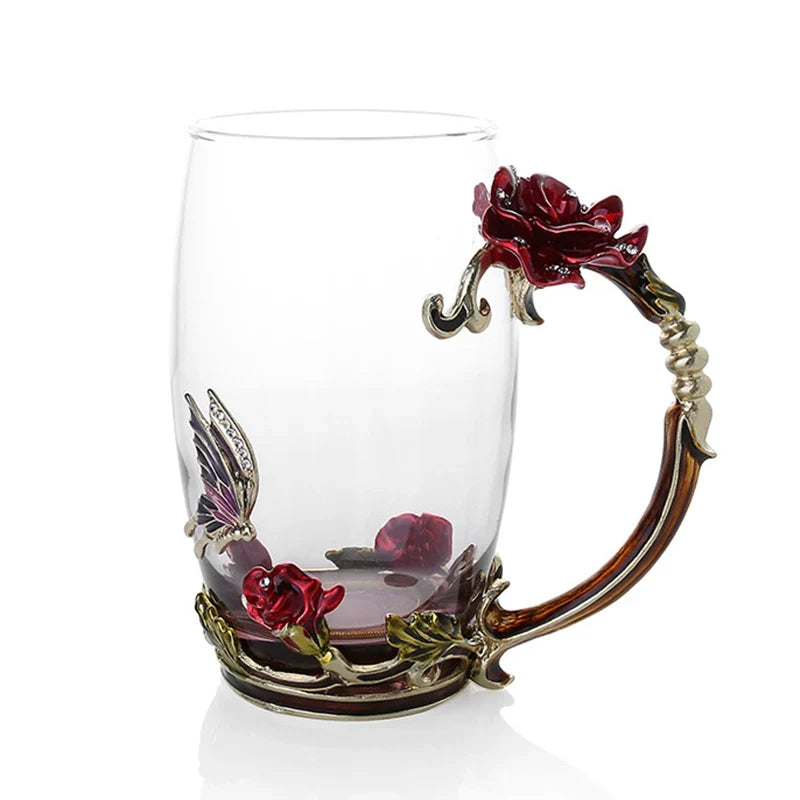 Siopsrl| Handcrafted Enamel Coffee Mugs Rose-Glass Tea Cup with Steel Spoon Luxury Unique Gifts for Wedding Valentine's Day Birthday Gifts
