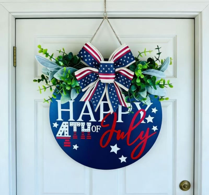 Siopsrl | Unisex nan Patriotic Round Wooden Door Sign with Bow and Faux Greenery Siopsrl