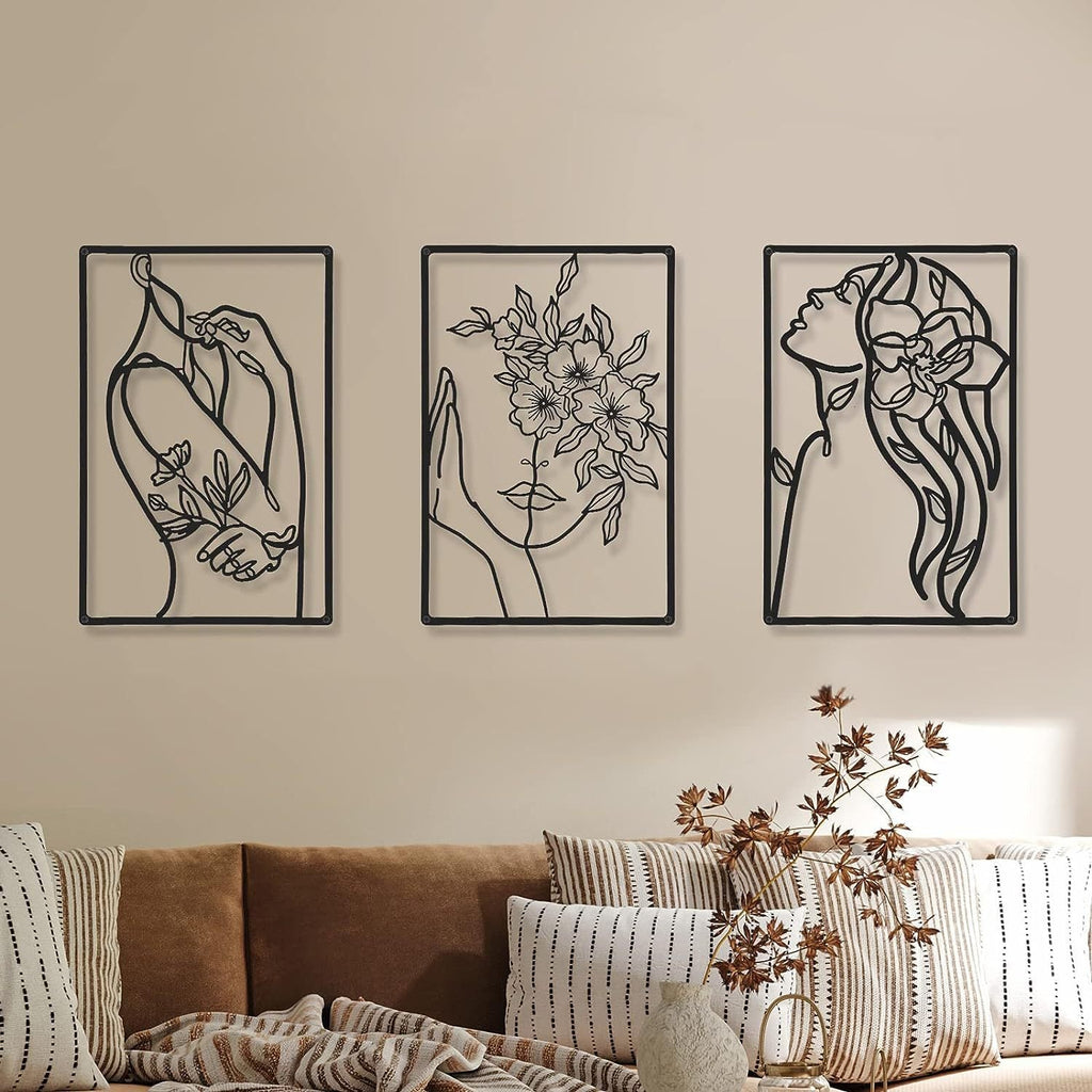 Minimalist Metal Line Art Floral Portrait Triptych Wall Panels Siopsrl