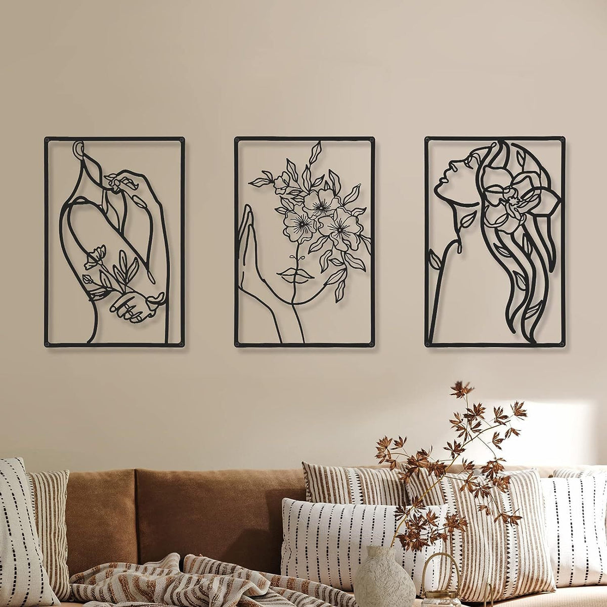 Minimalist Metal Line Art Floral Portrait Triptych Wall Panels Siopsrl