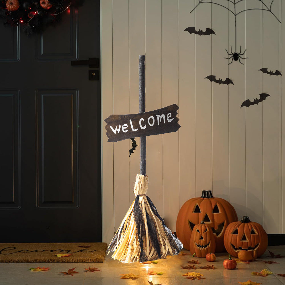 Halloween Welcome Decorative Broom with Rustic Welcome Sign Siopsrl