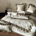 Ruffled bedding set made of cotton satin with rose embroidery and contrast piping