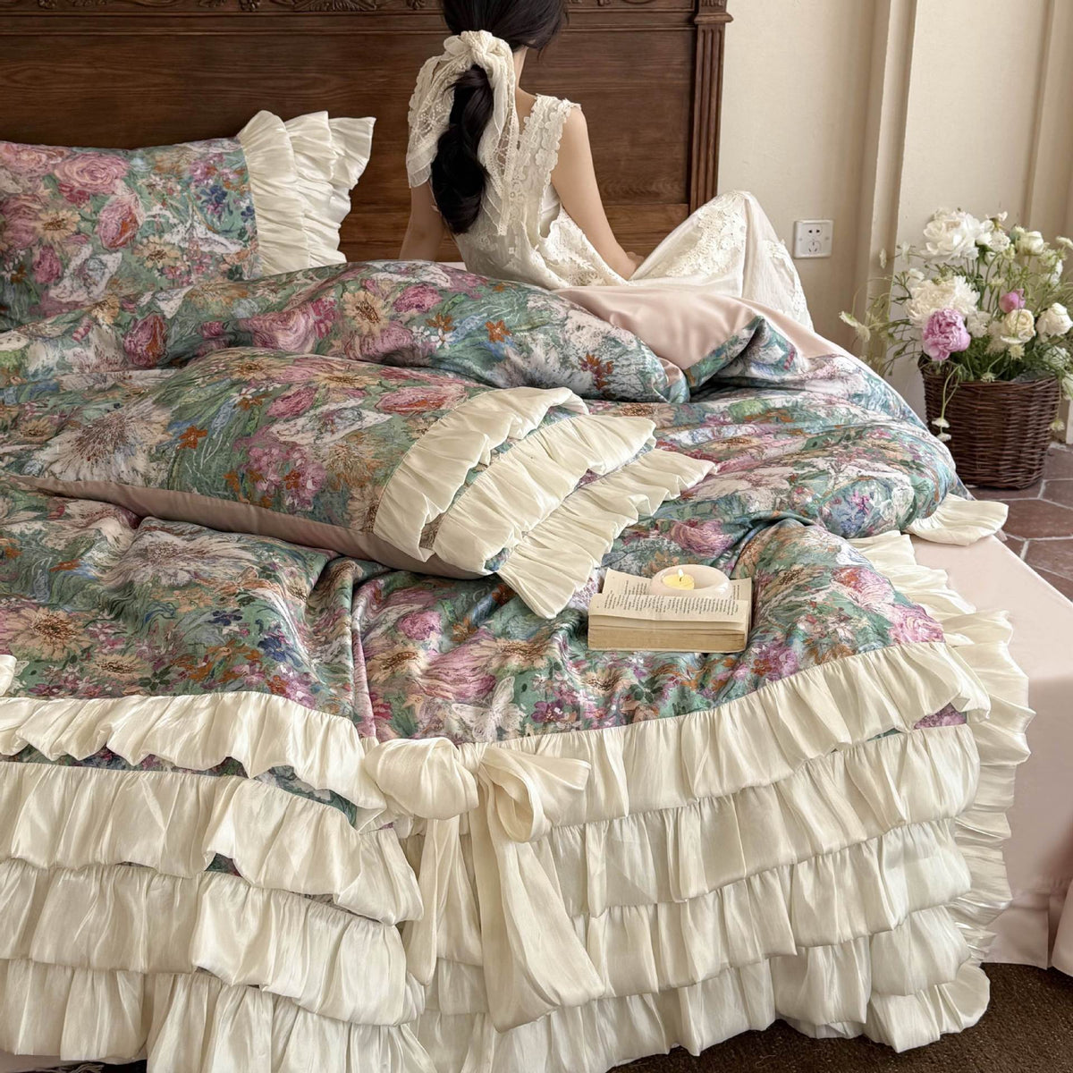 Luxurious bedding set with ruffles, bed skirt, and floral print