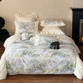 Luxurious satin bedding set with ruffles and watercolor floral pattern