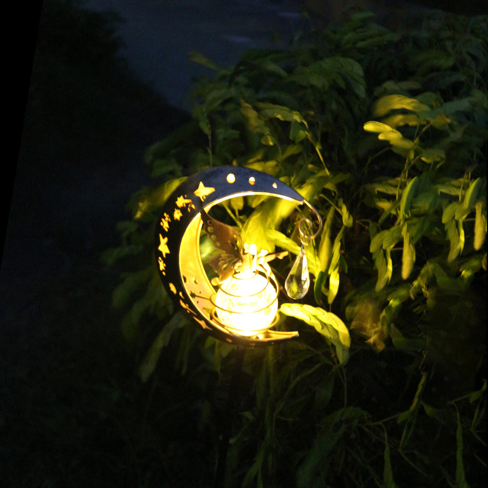 Crescent Moon Solar Garden Stake Light With Rotating Crackle Glass Orb And Butterfly Accent Siopsrl