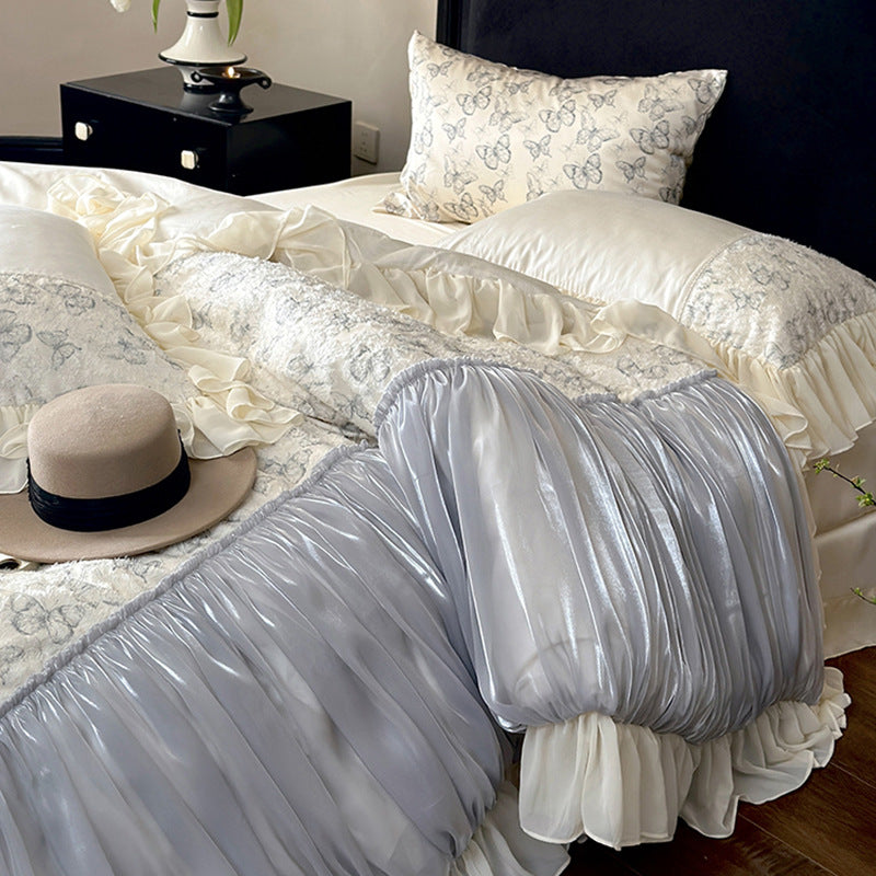 Luxury bedding set with gathered satin decor, floral jacquard duvet & ruffle cushion