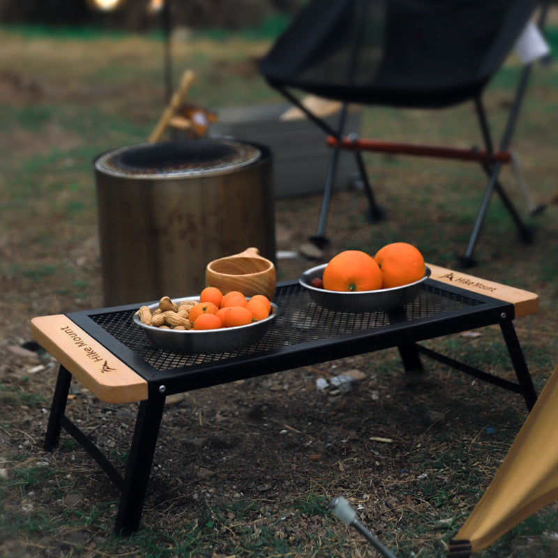Siopsrl | Portable Folding Camping Mesh Grill Table with Wooden End Panels Siopsrl