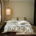 Bedding set with subtle floral stripes made of cotton-linen and hidden zipper