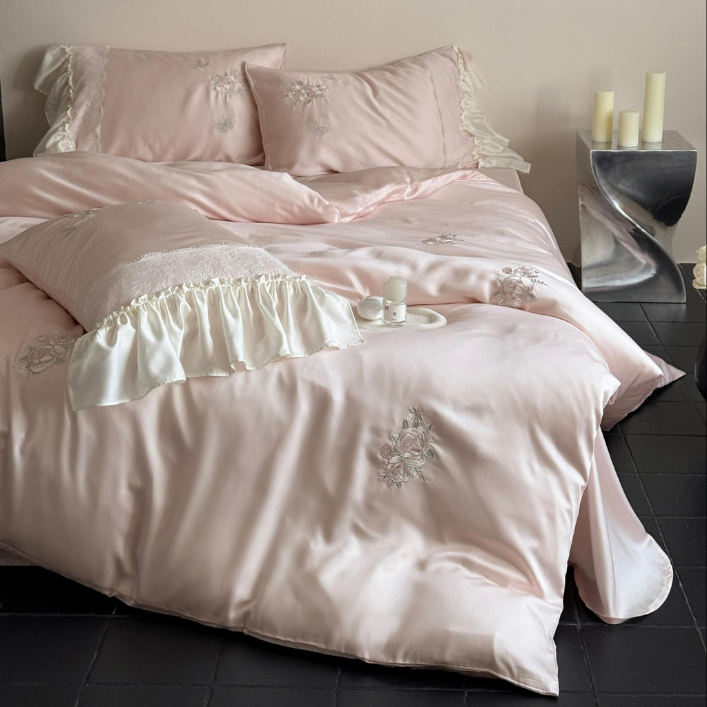 Luxurious satin bedding set with ruffles and embroidery Bowlift