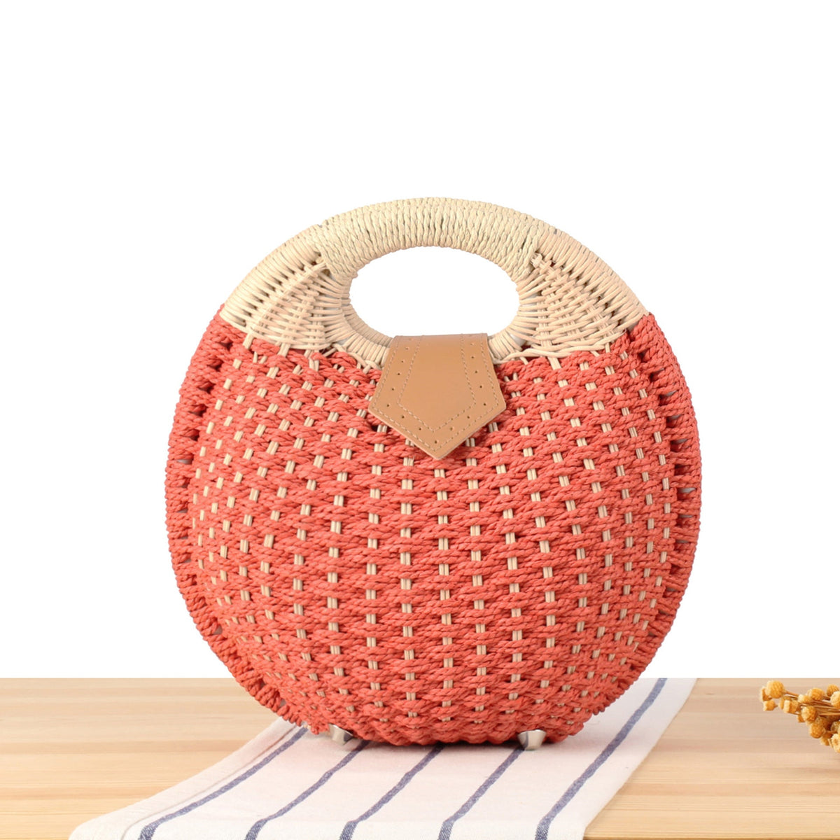 Siopsrl | Round straw bag with elegant leather handle Siopsrl
