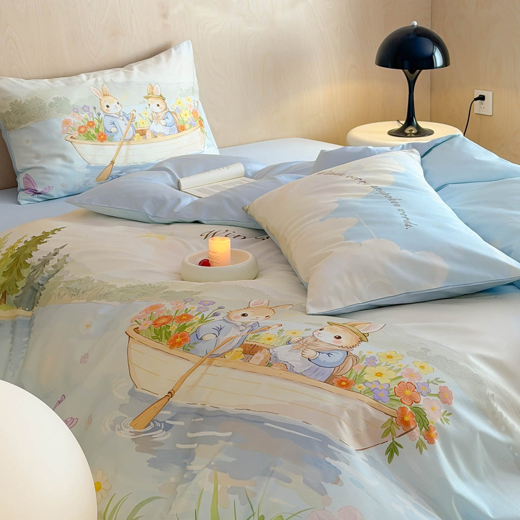 Romantic satin bedding set with floral watercolor illustration and moon bunny application Bowlift