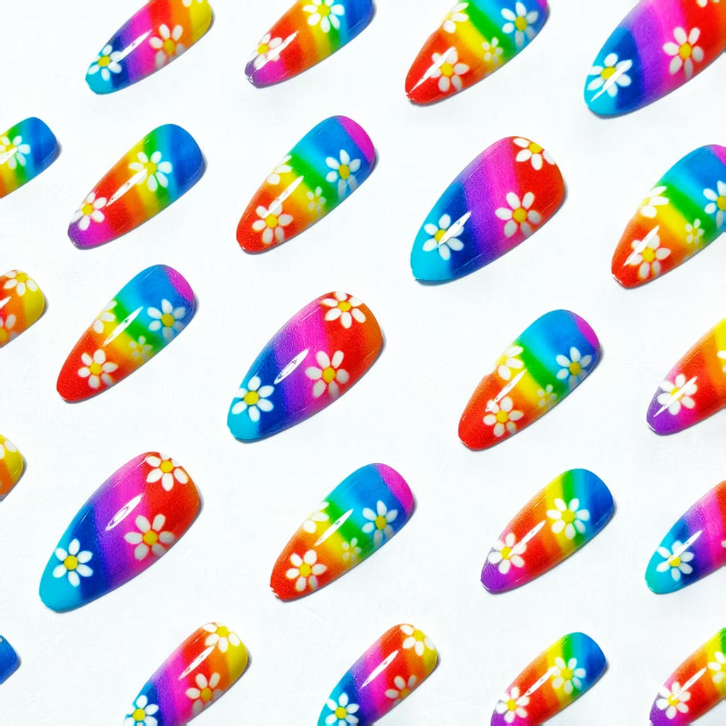 Siopsrl | Creative Nail Art with Colorful Rainbow Design and Playful Flower Motifs Siopsrl