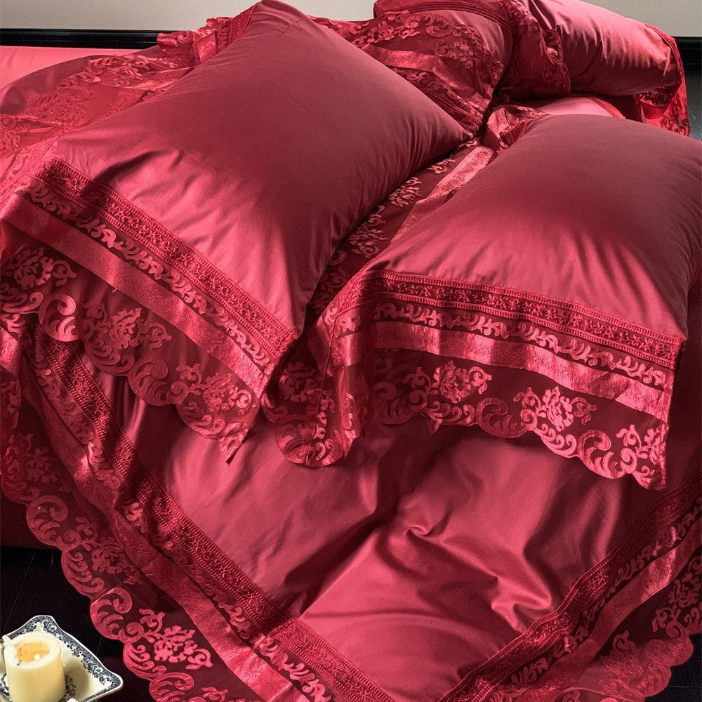 Extravagant satin bedding set with lace appliqué and pillowcases