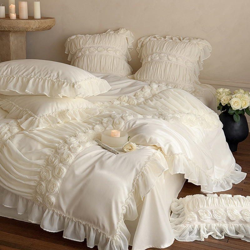 Luxurious Ruffle Bedding Set with Rose Appliqués and Volants