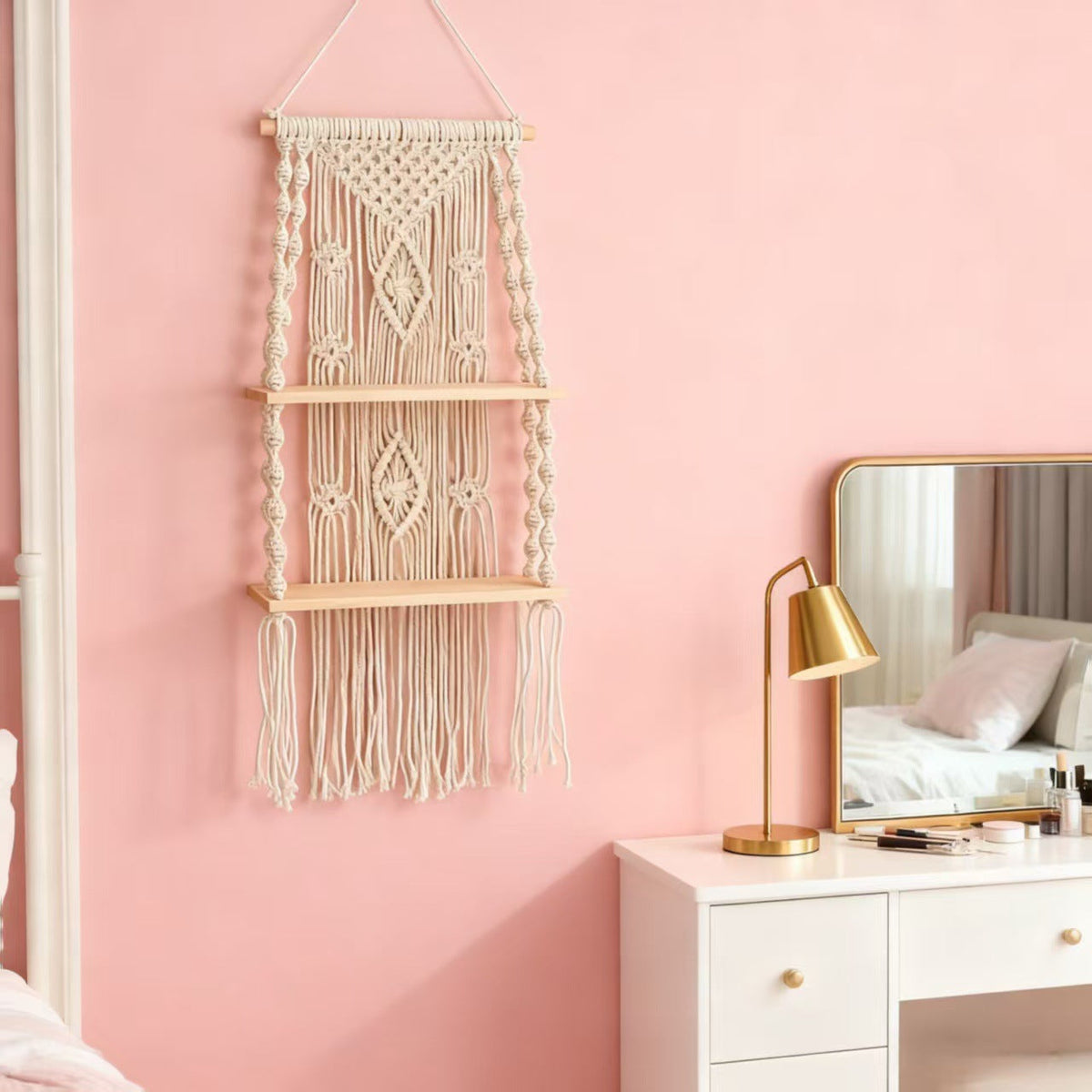 Siopsrl | Macrame Hanging Wall Shelf Organizer With Tiered Wooden Ledges And Decorative Fringe
