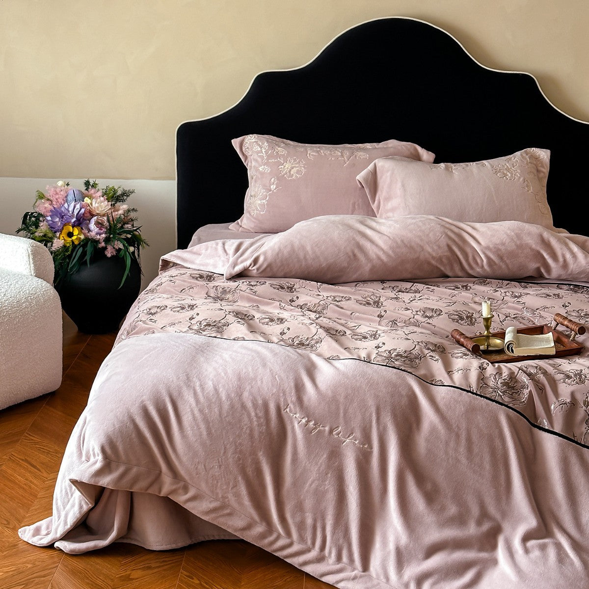 Luxurious bedding set with embroidered floral design