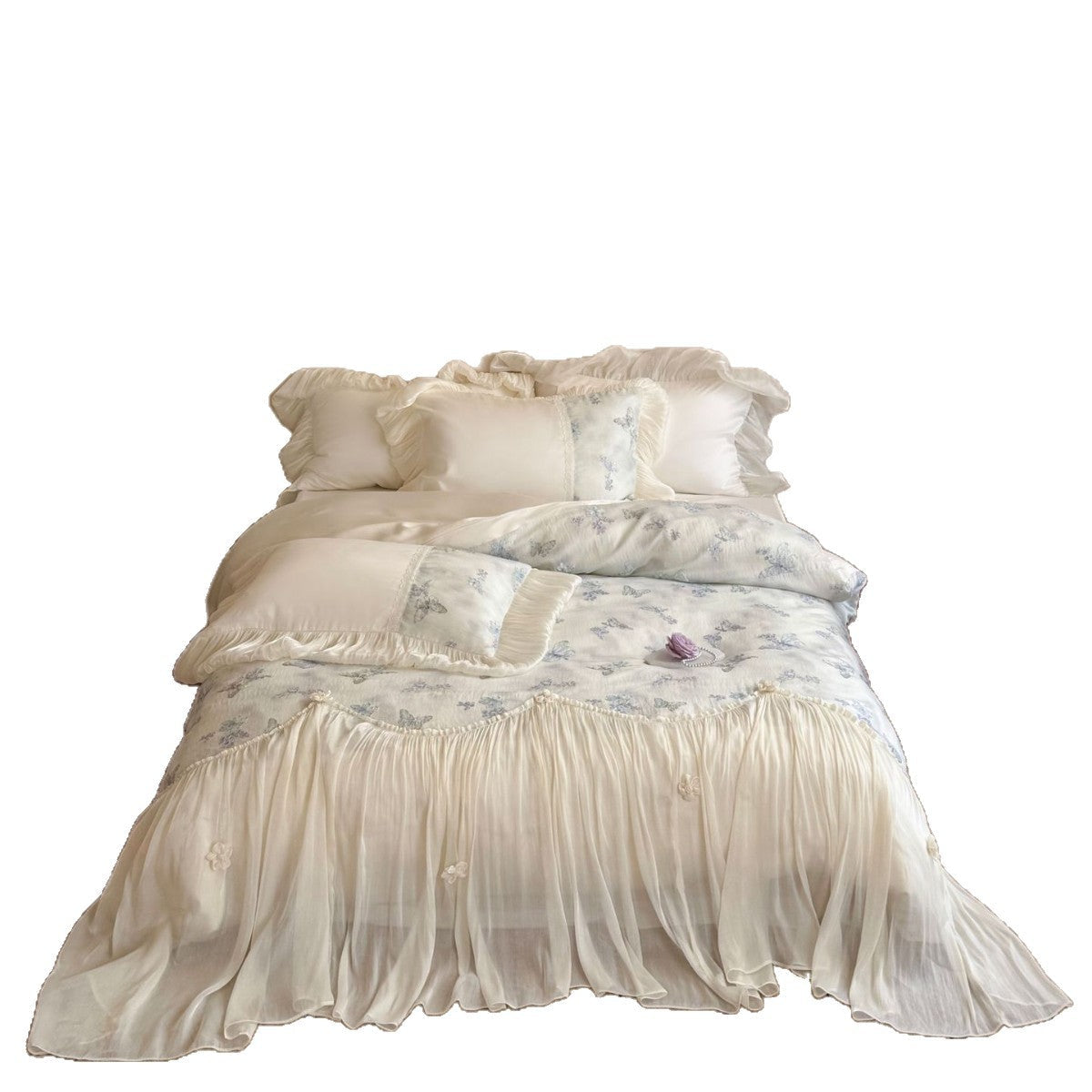 Romantic cotton bedding set with chiffon ruffle, embroidered butterflies and bed skirt Bowlift
