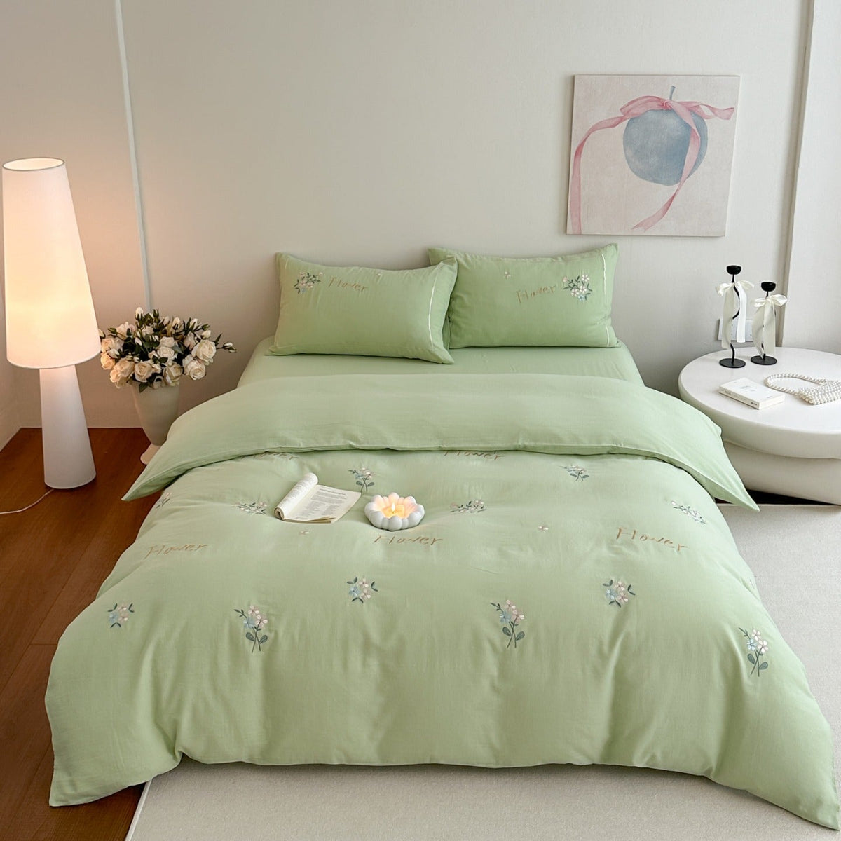 Delicate embroidered cotton bedding set with gentle botanical embroidery and bow ties Bowlift