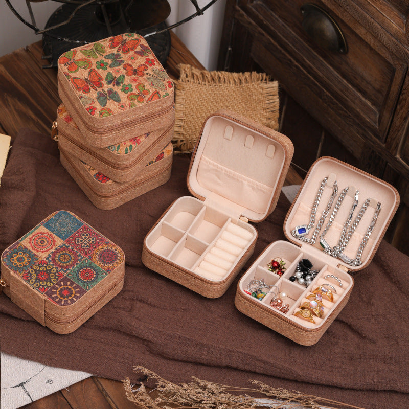 Siopsrl | Compact Floral Cork Jewelry Travel Organizer Case Siopsrl