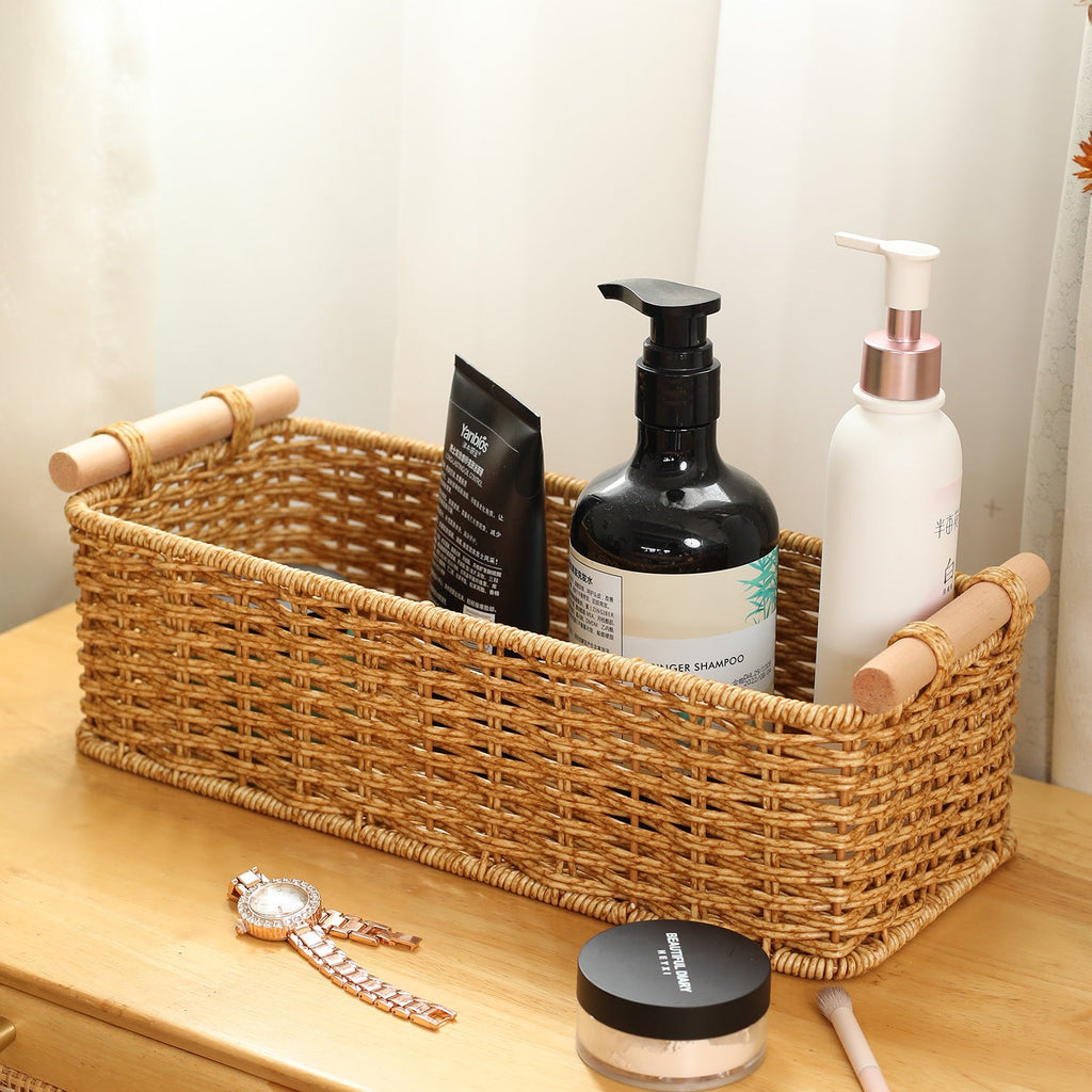 Rectangular Woven Storage Basket with Wooden Handles
