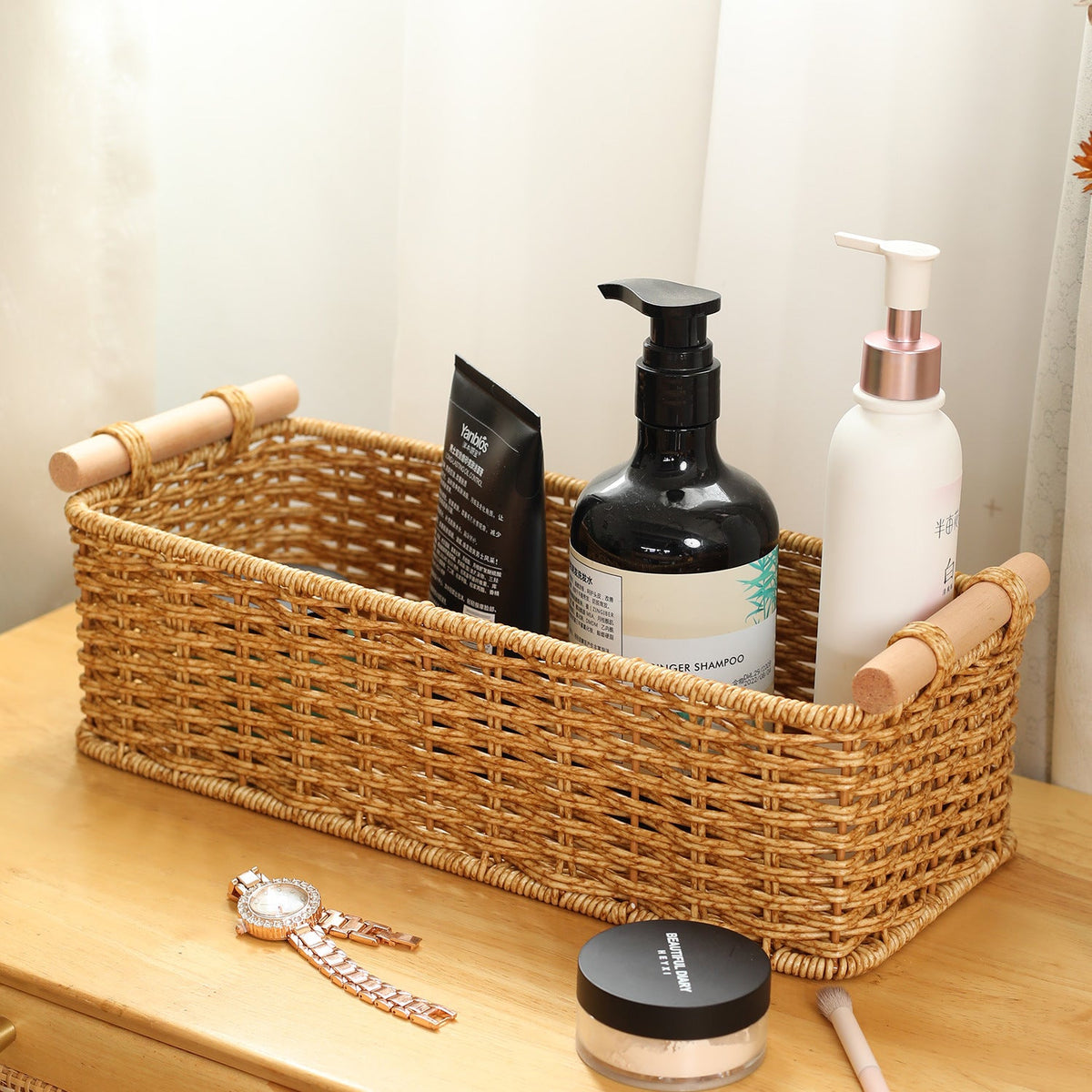 Rectangular Woven Storage Basket with Wooden Handles