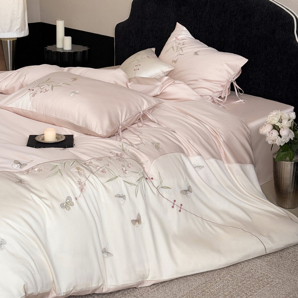 Luxurious satin bedding set with floral embroidery Bowlift