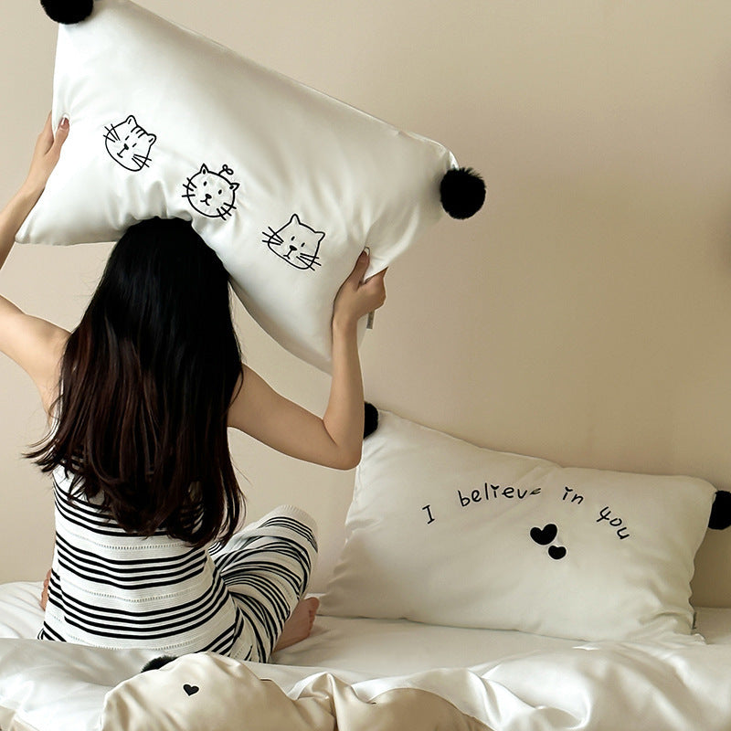 Cotton satin bedding set with heart allover, cute cat embroidery and pompom pillow