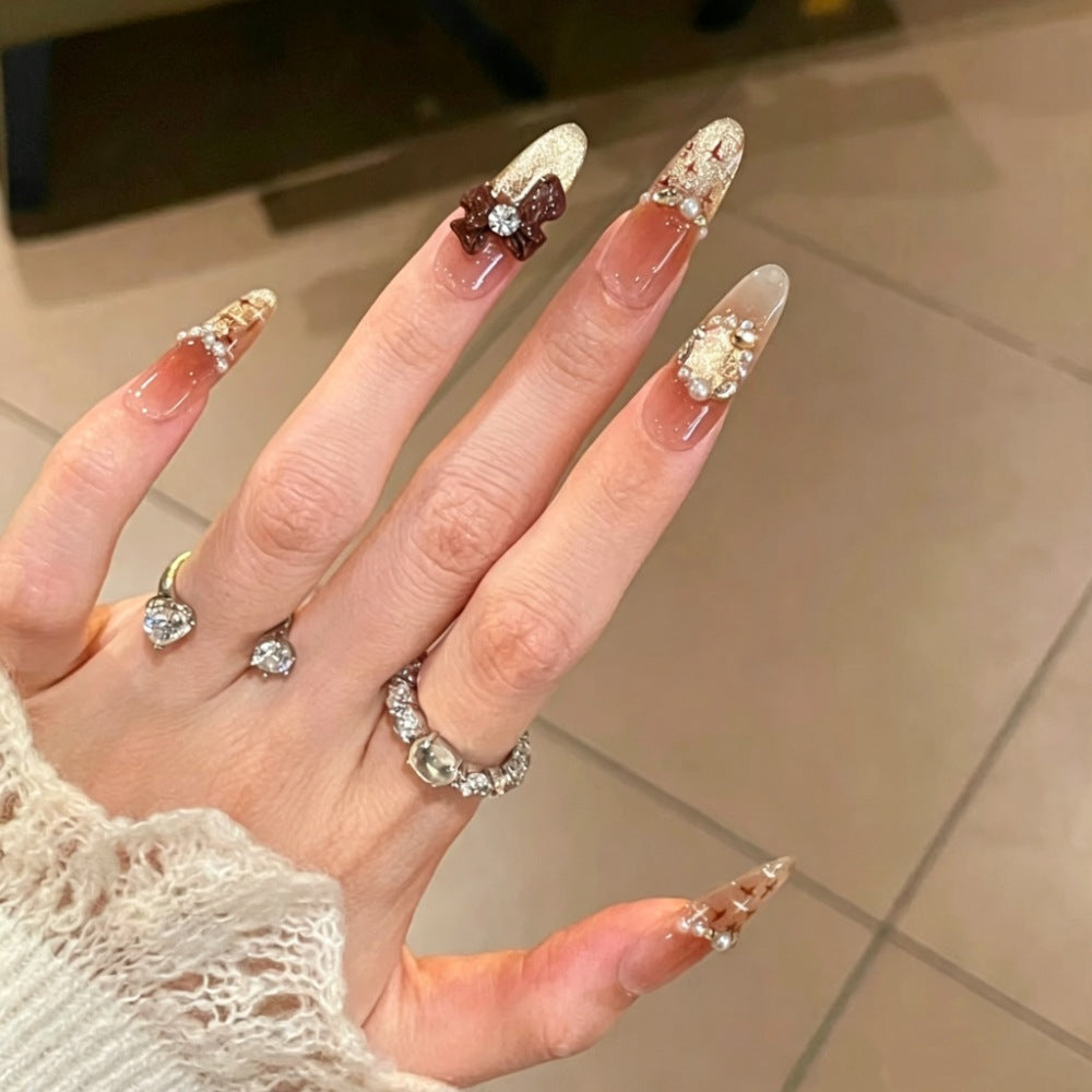 Siopsrl | Decorative Bow and Gemstone Press-On Nails Siopsrl