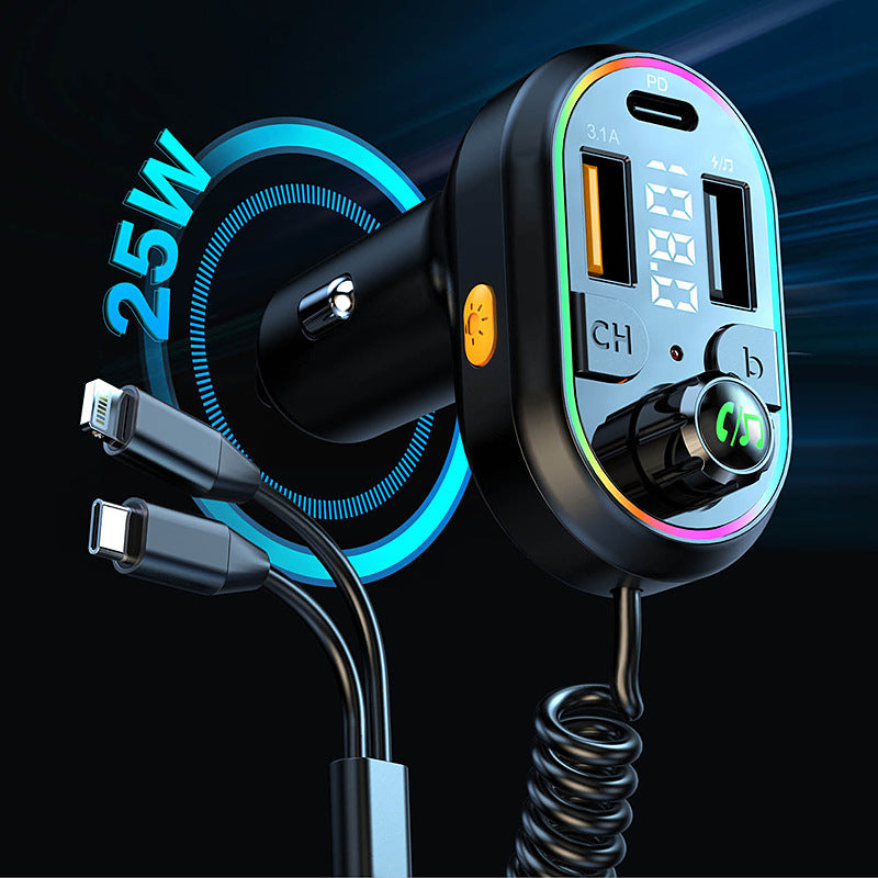 Siopsrl | Car Bluetooth FM Transmitter Power Delivery Fast Charger with Dual Lightning and USB-C Integrated Cables Siopsrl