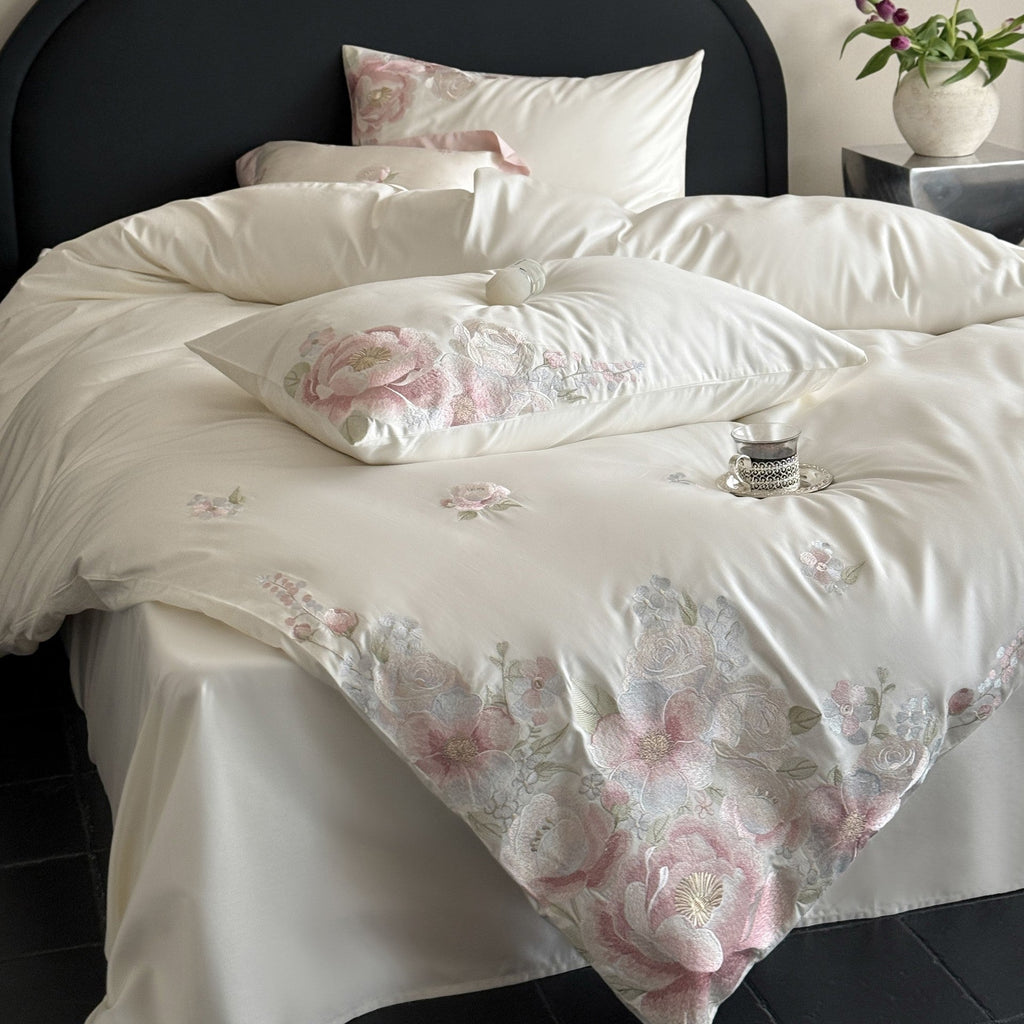 Embroidered satin bedding set with floral relief embroidery and silky finish Bowlift
