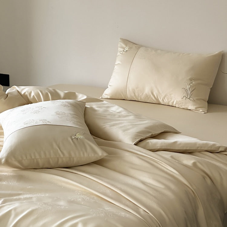 High-quality cotton satin bedding set with floral embroidery