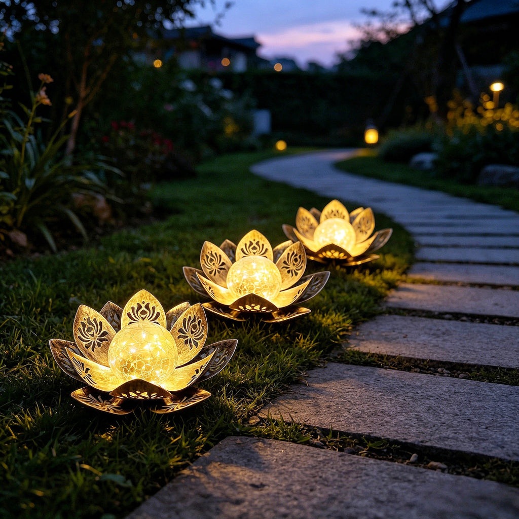 Decorative Solar Lotus LED Garden Lantern With Crackle Glass Globe And Laser-Cut Metal Petals Siopsrl