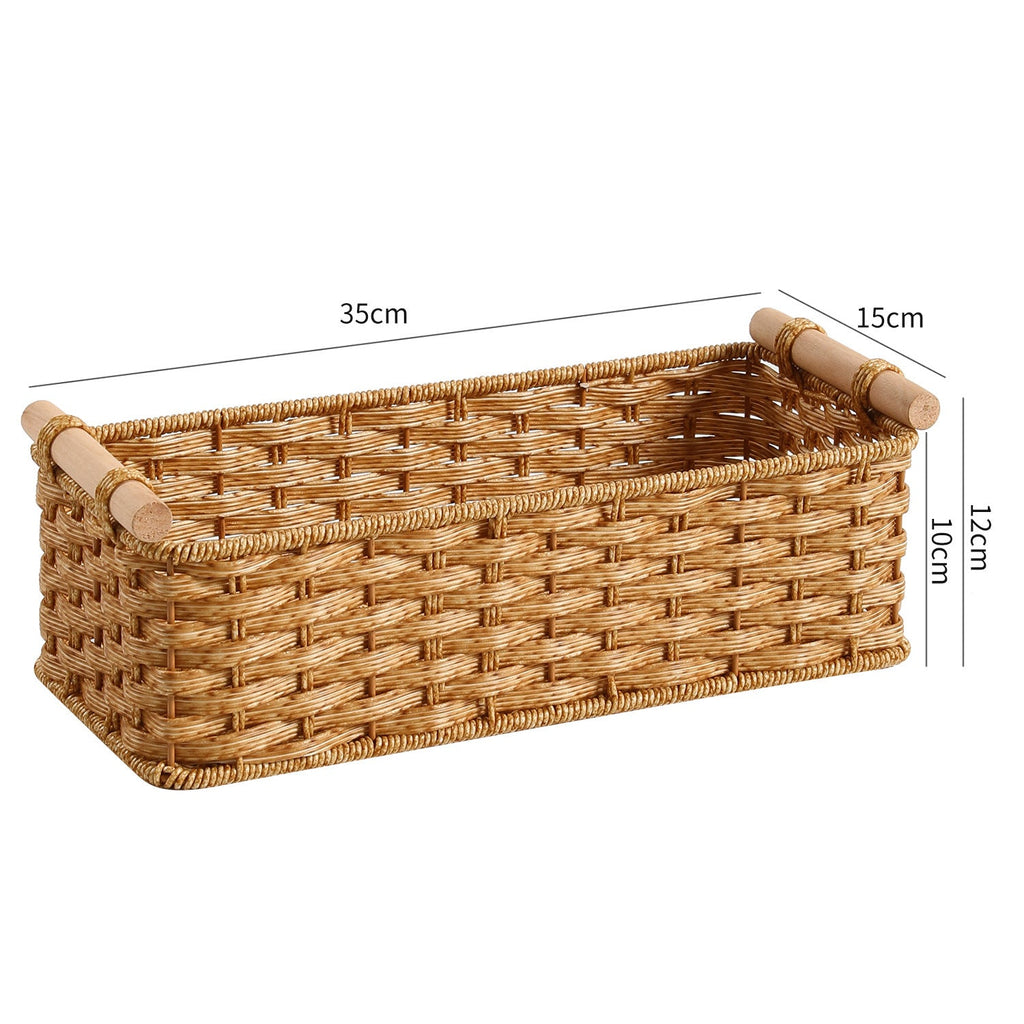 Rectangular Woven Storage Basket with Wooden Handles