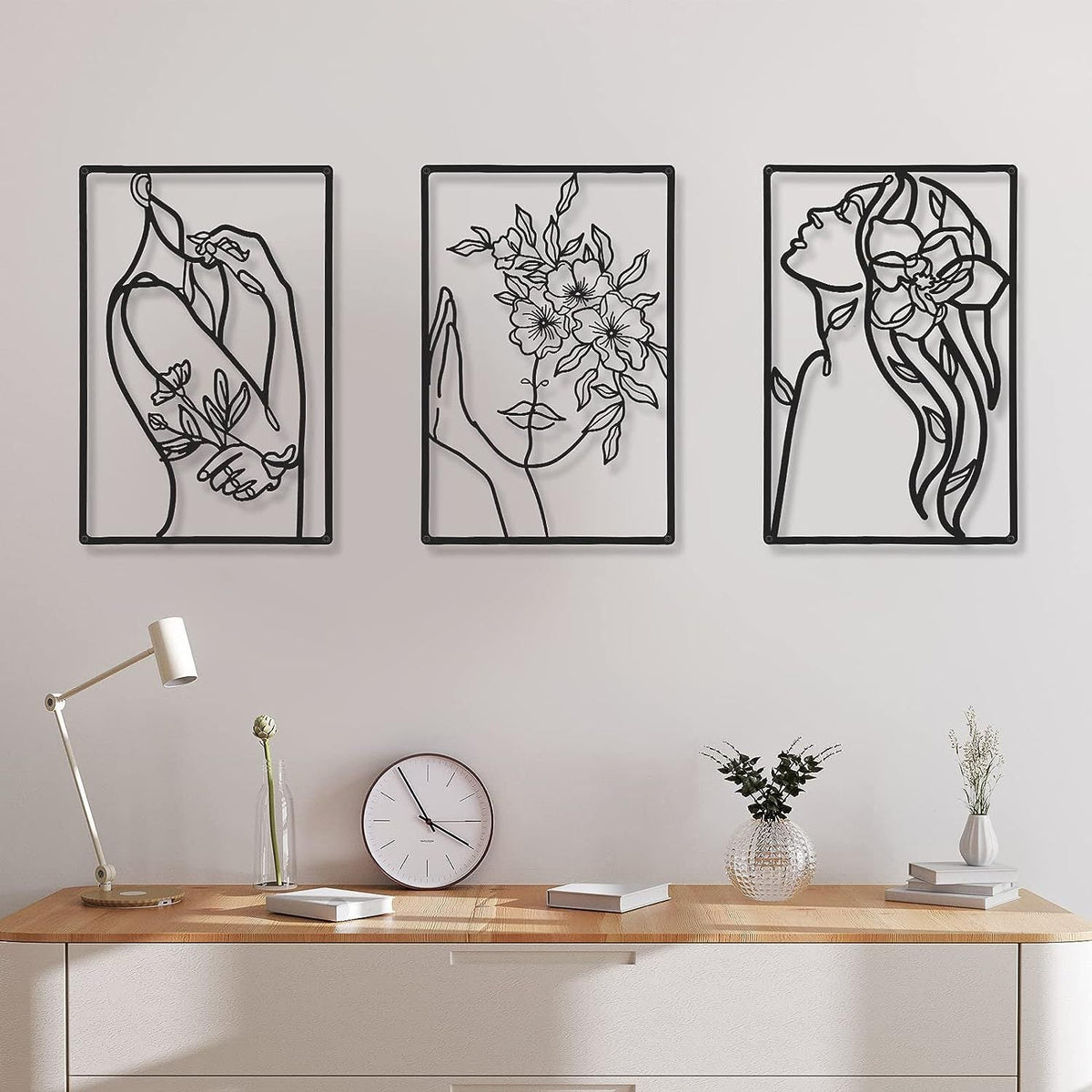 Minimalist Metal Line Art Floral Portrait Triptych Wall Panels Siopsrl