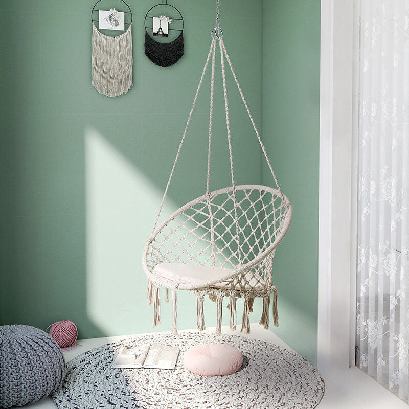 Boho macrame hanging swing chair with faux fur cushion and fringe Siopsrl