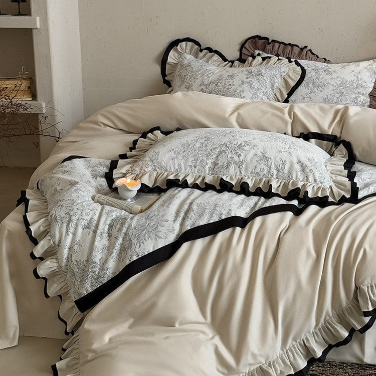 Premium bedding set with ruffles and vintage toile pattern