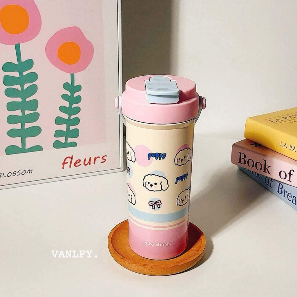 Siopsrl | Women's insulated drinking cup with secure flip lid and cute dog design Siopsrl